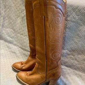 Frye Boot, vintage 1980. Tall. Carmel colored, 3.5 inch stacked leather heel.